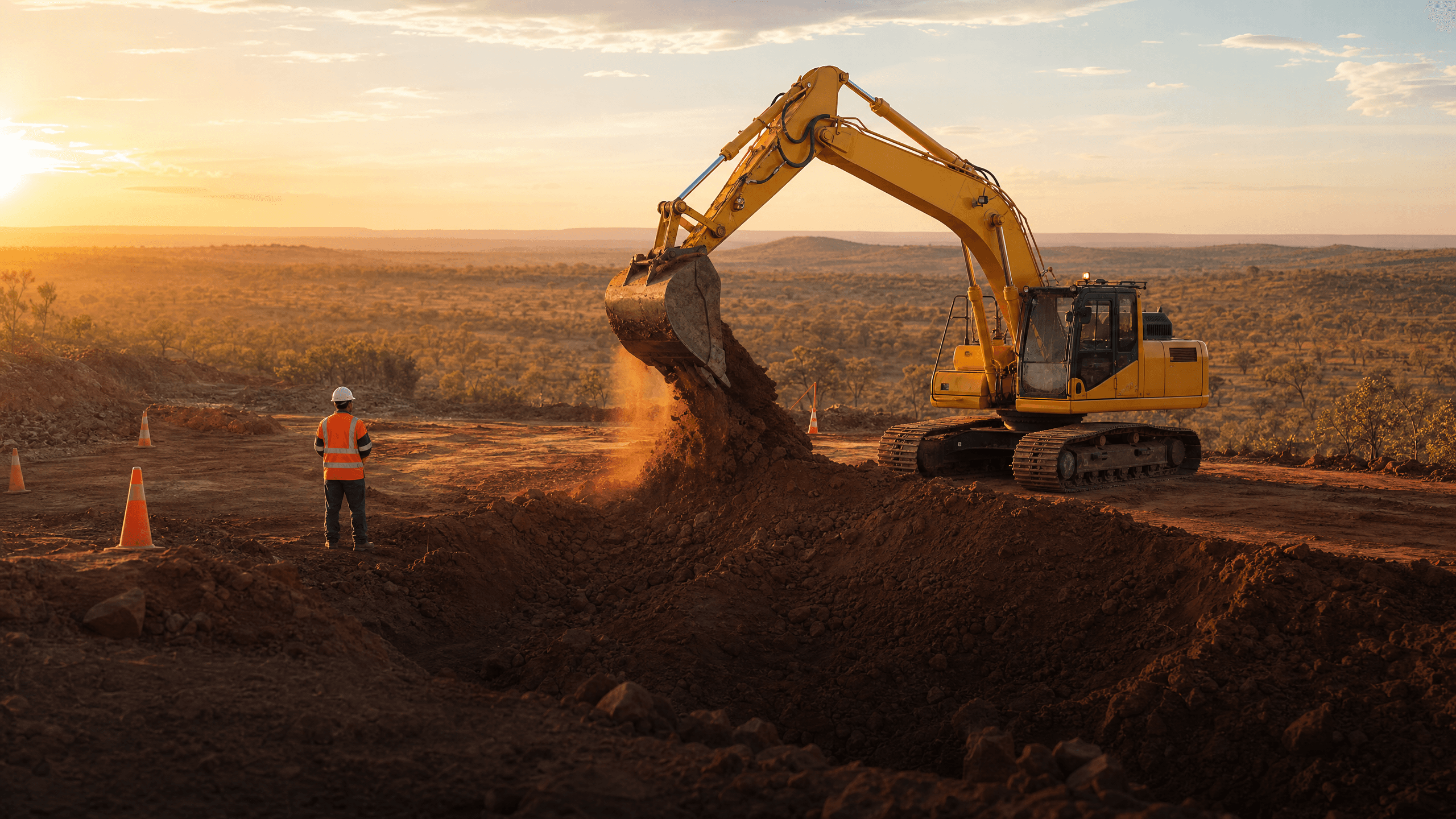 Canteiro de obras com escavadeira em operação