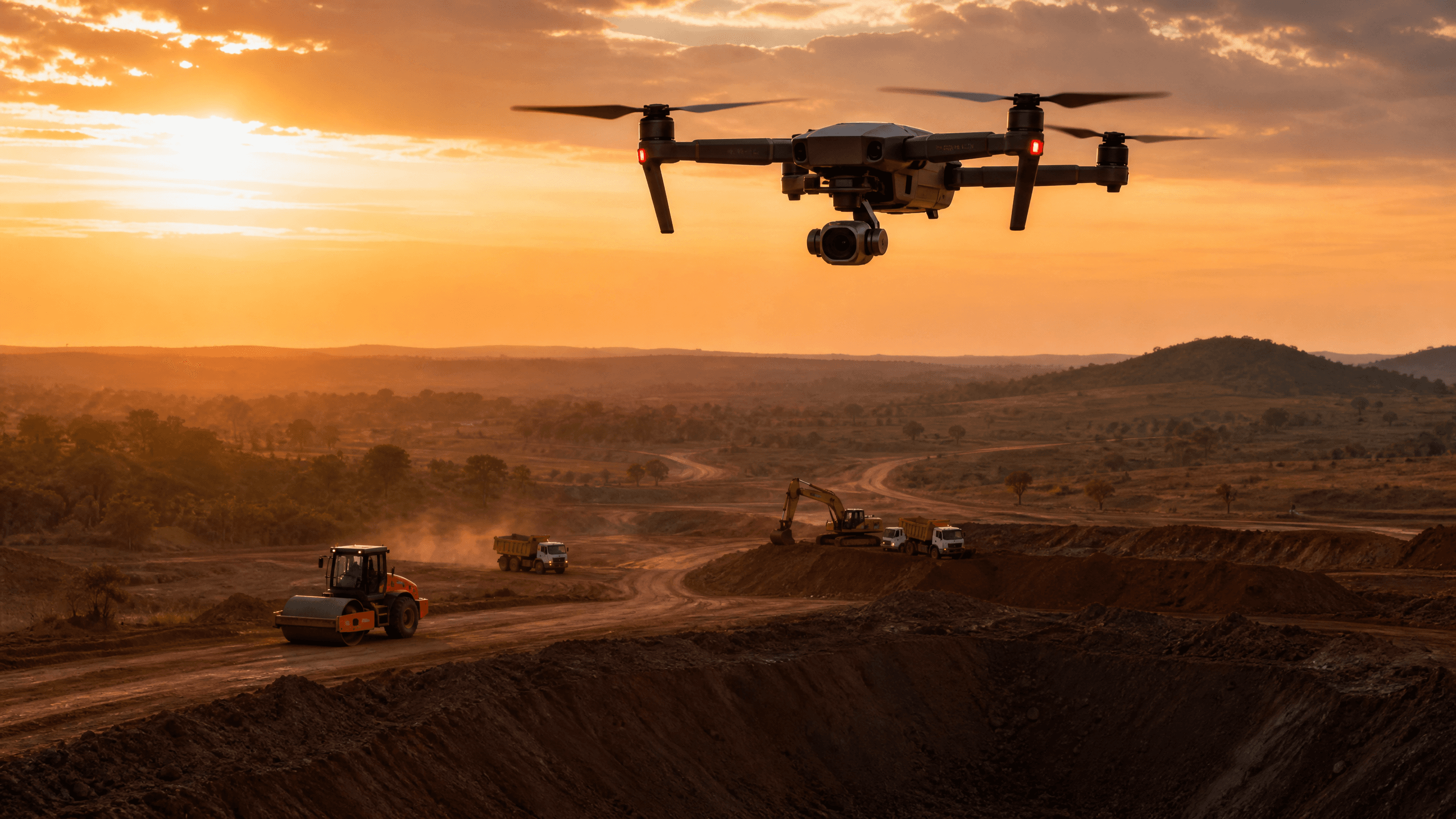 Drone profissional sobrevoando obra com sobreposição de curvas de nível e malha 3D